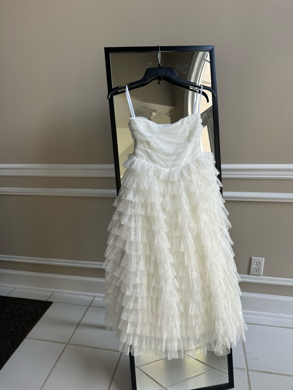 NWT Lulus Prepare to Party White Mesh Swiss Dot Ruched Tiered Tulle Midi Dress - Picture 4 of 8
